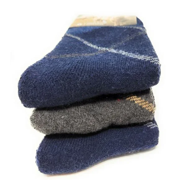 Men's Lamb Wool Crew Socks, Warm Winter Heavy Duty Boot, Lines Patterns, 3 Pairs - Picture 2 of 3